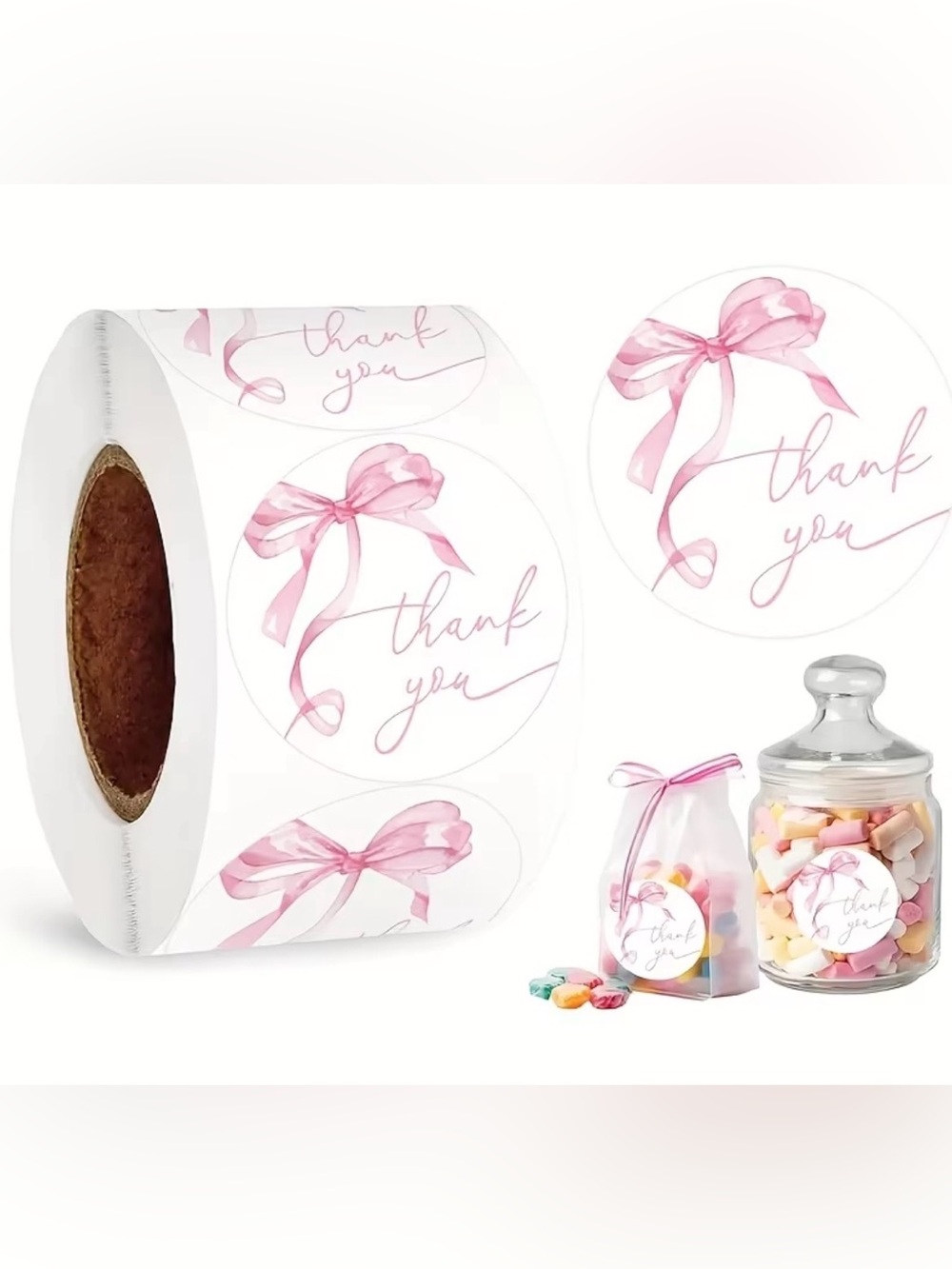 500 Thank You Pink Bow Stickers
